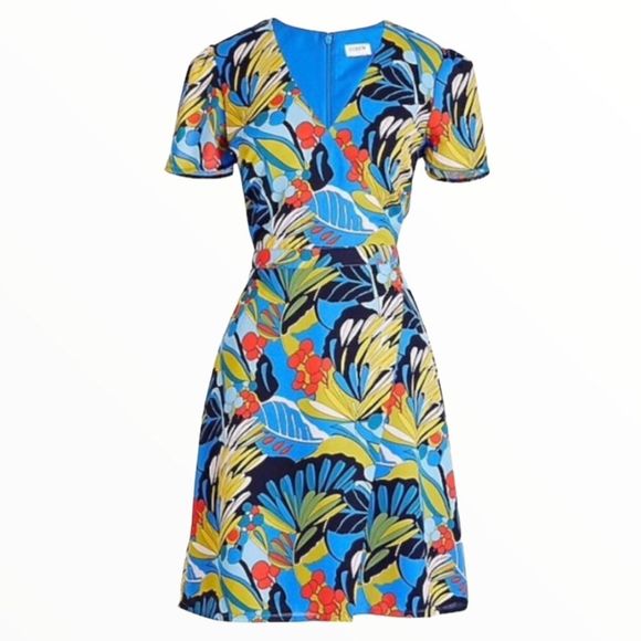 J. Crew Blue Floral Tropical Paradise Floral Short Sleeve Faux Wrap Dress sz 10 - Picture 1 of 15